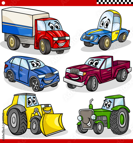 Fototapeta dla dzieci funny cartoon vehicles and cars set