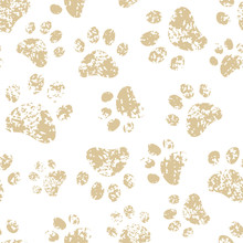 Cat Or Dog Brown Paw Prints On White Seamless Pattern, Vector