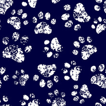Cat Or Dog White Paw Prints On Dark Blue Seamless Pattern