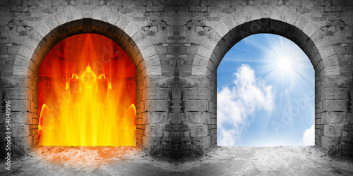 Nowoczesny obraz na płótnie Two ancient gates to heaven and hell. Choice concept.