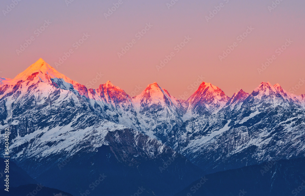 scene of sunset on Mountain Peaks "panchachuli - obrazy, fototapety, plakaty 