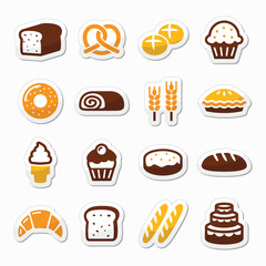 Bakery, pastry icons set - bread, donut, cake, cupcake