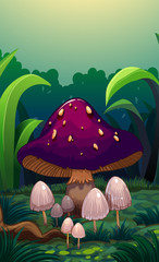 Poster - A giant mushroom surrounded with small mushrooms