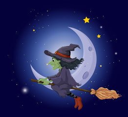 Sticker - A witch riding on a broomstick floating near the moon