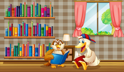 Aufkleber - An owl and a duck reading inside the house