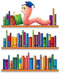 Aufkleber - An earthworm reading at the top of the bookshelves