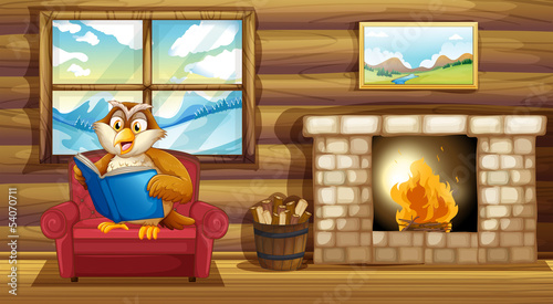 Foto-Fahne - An owl reading a book beside a fireplace (von GraphicsRF)