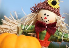 Cute Scarecrow And Pumpkins On Blue Sky Background.