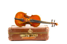 Old Aged Suitcase And Vintage Violin Isolated On White