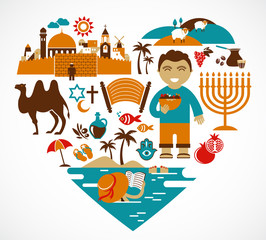 Israel - heart with set of vector illustrations