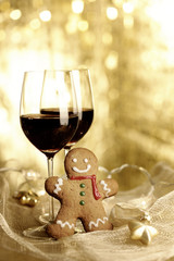 Sticker - Two glasses of Red Wine, Gingerbread Man and Christmas Ornaments