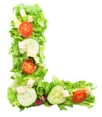 L letter made with salad isolated on white