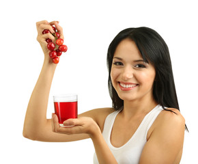 Wall Mural - Girl with fresh cherries and juice isolated on white