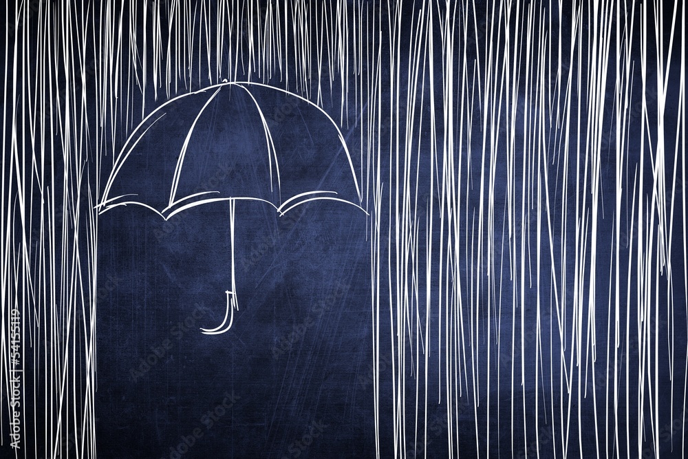 Umbrella and rain, conceptual sketch on chalkboard - obrazy, fototapety, plakaty 