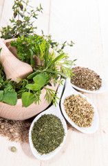 Wall Mural - Fresh herbs in a small wooden bowl