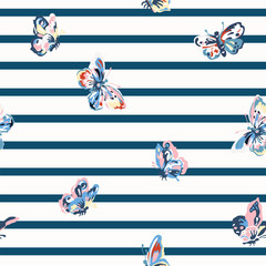 Vector vintage seamless pattern with stripes and butterflies