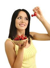 Wall Mural - Girl with fresh cherries isolated on white