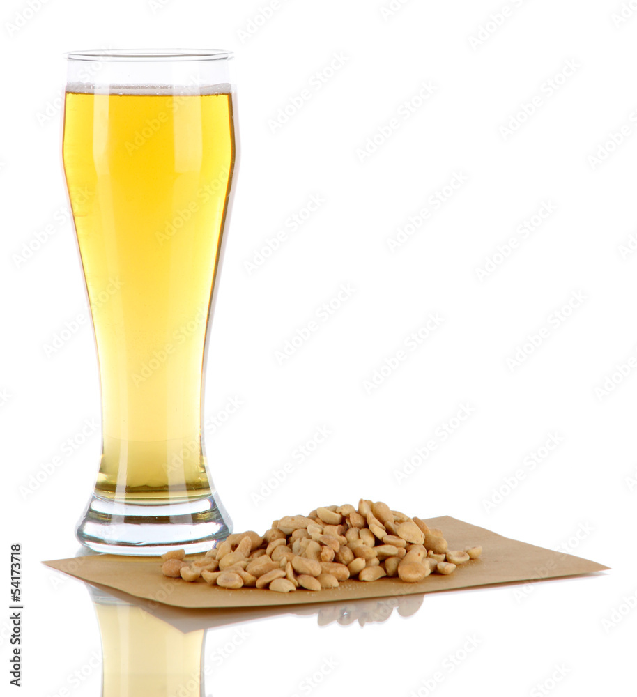 Beer in glass and nuts isolated on white
