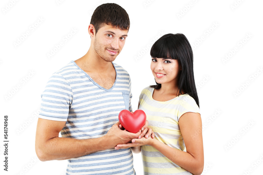 Beautiful loving couple with heart isolated on white