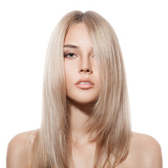 Beautiful Blond Girl. Healthy Long Hair. White Background