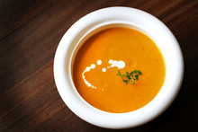 Carrot And Yam Creamy Soup With Cream And Thyme, Appetizer