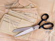 Dressmaking pattern and scissors, background