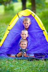 Wall Mural - funny kids and dog looking out from tent. summer camp