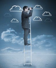 Poster - Businessman standing on a ladder over clouds