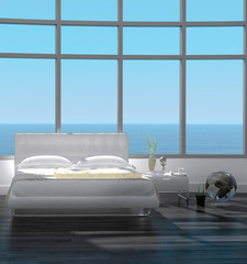 Wall Mural - 3d rendering of modern white bedroom interior with seascape view