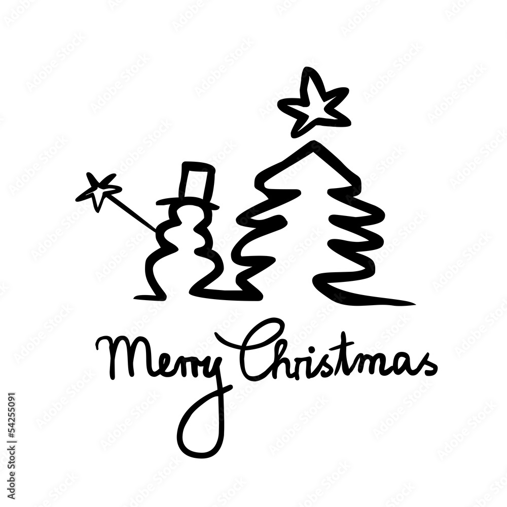 Fototapete Handgemachte Weihnachtskarte, Schneemann & Tanne, Schwarz