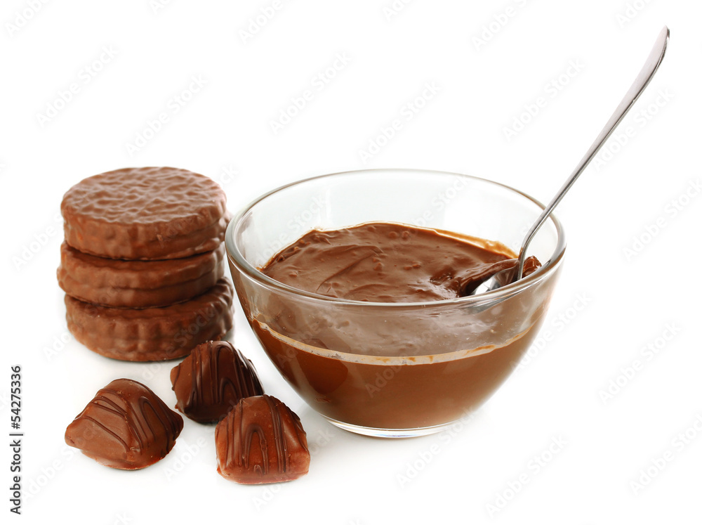 Bowl of chocolate and sweets isolated on white