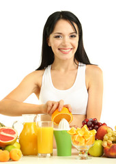 Wall Mural - Girl with fresh fruits and juice isolated on white