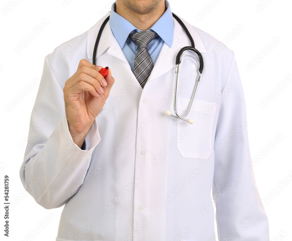 Medical doctor with pen isolated on white