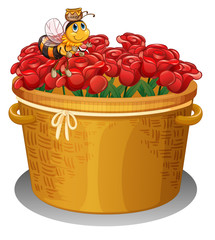 Poster - A bee at the basket full of red roses