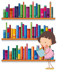 Aufkleber - A smiling young girl reading in front of the bookshelves