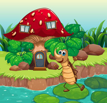 A Cockroach Dancing In Front Of A Mushroom House