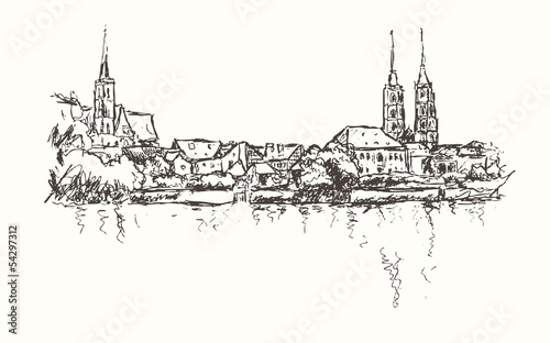 Naklejka ścienna Rysunkowa ilustracja Wrocławia na białym tle