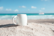 White Espresso Coffee Cup With Ocean , Beach And Seascape