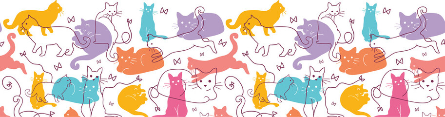 Vector Colorful Cats Horizontal Seamless Pattern Background