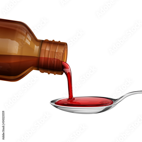 Naklejka na drzwi Bottle pouring Medicine Syrup in Spoon