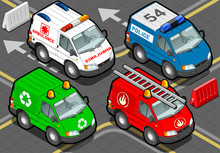 Isometric Trucks Firefighters, Police, Ambulance, Garbage