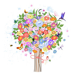 Wall Mural - Flower decorative tree with birds