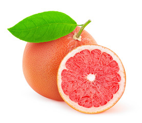 Wall Mural - Isolated grapefruit. Whole pink grapefruit with leaf and a slice isolated on white background