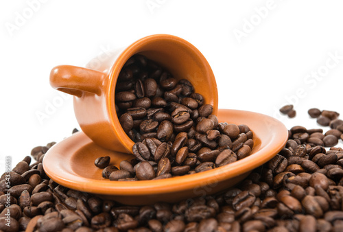 Fotografie, Obraz coffee beans with a cup of coffee isolated