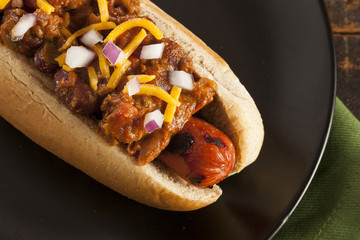 Canvas Print - Homemade Hot Chili Dog with Cheddar Cheese