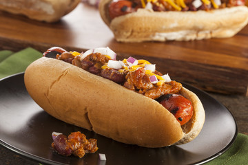 Canvas Print - Homemade Hot Chili Dog with Cheddar Cheese