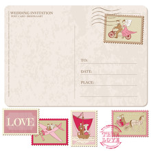 Wedding Invitation - Vintage Postcard With Postage Stamps