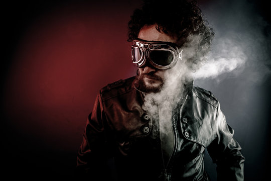 Pilot with leather jacket and smoke coming out of your body heat