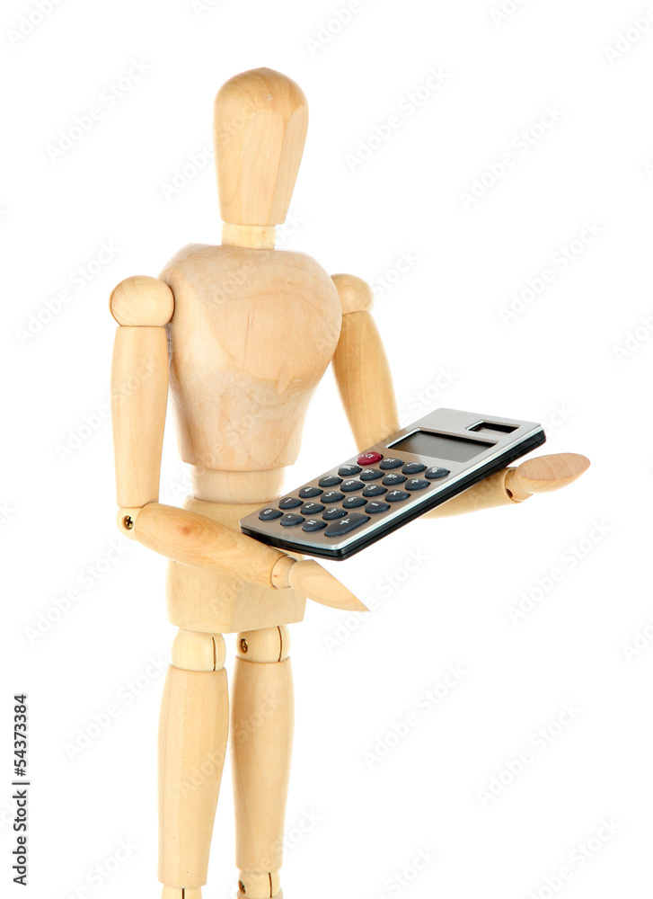 Wooden mannequin with calculator isolated on white