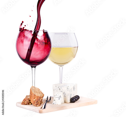 Naklejka ścienna white and red wine with cheese